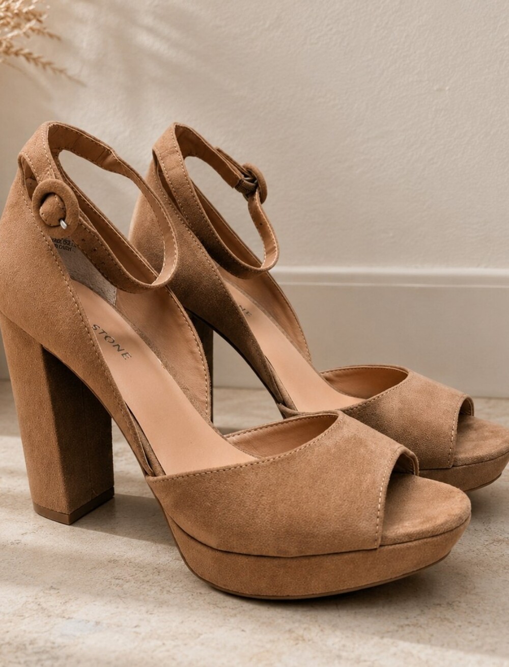 Tan Platform Block Heel Peep Toe Sandals | Ankle Strap | 4.5" Heels